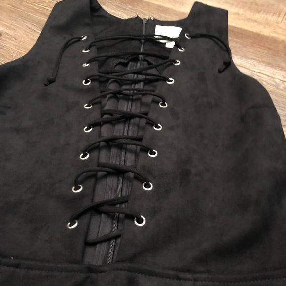 Black Suede Lace-Up Romper - Picture 2 of 4